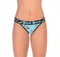 Ginch Gonch Monkey Business Women's Thong, aqua blue with black waistband and monkey banana print, anti muffin-top, stretch cotton, close-up on model.