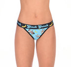 Ginch Gonch Monkey Business Women's Thong, aqua blue with black waistband and monkey banana print, anti muffin-top, stretch cotton, close-up on model.