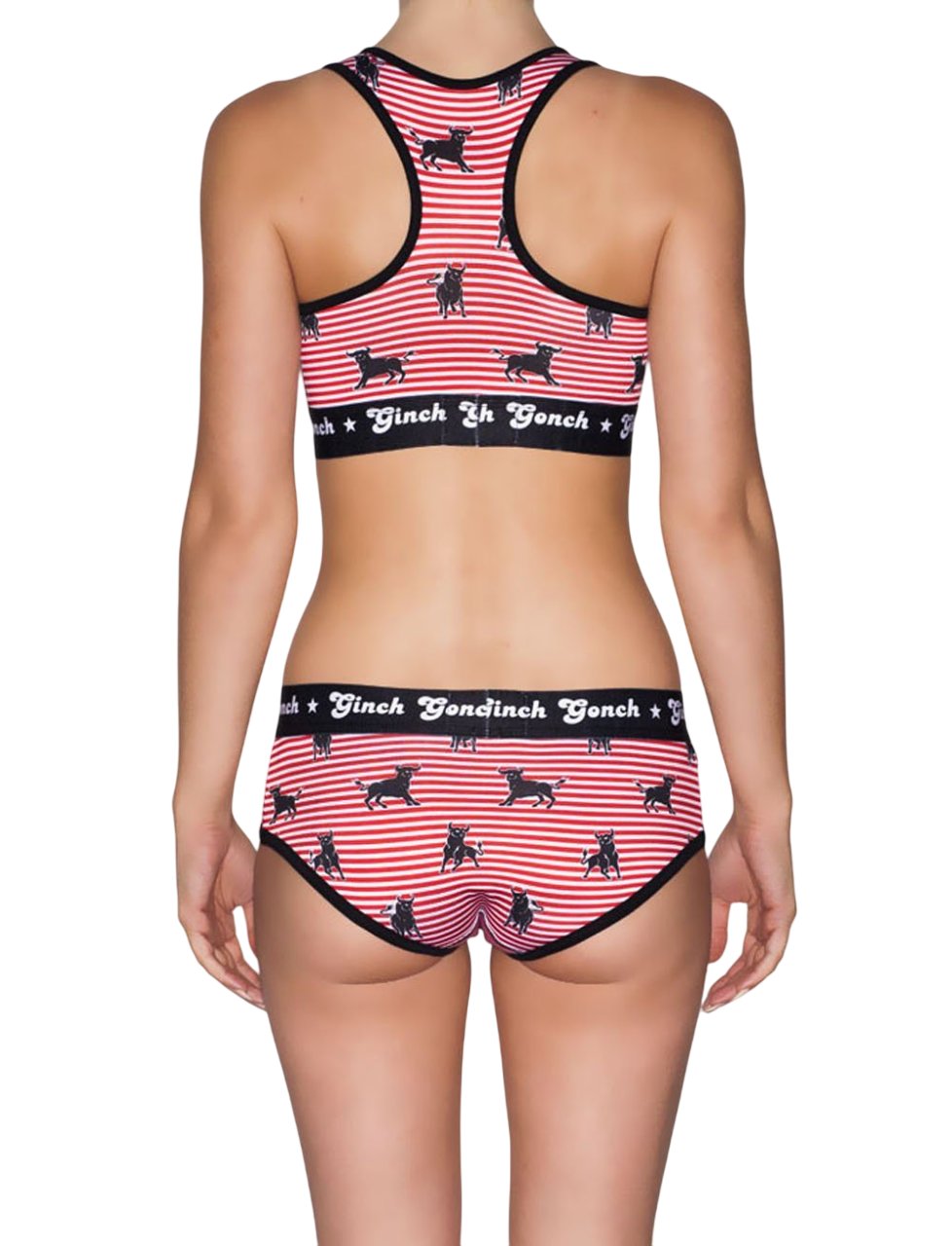 Viewed from behind of a model wearning Ginch Gonch Wild Bulls Women's Boyfriend Briefs, red white bull stripe print, relaxed boyfriend cut matching sports bra.