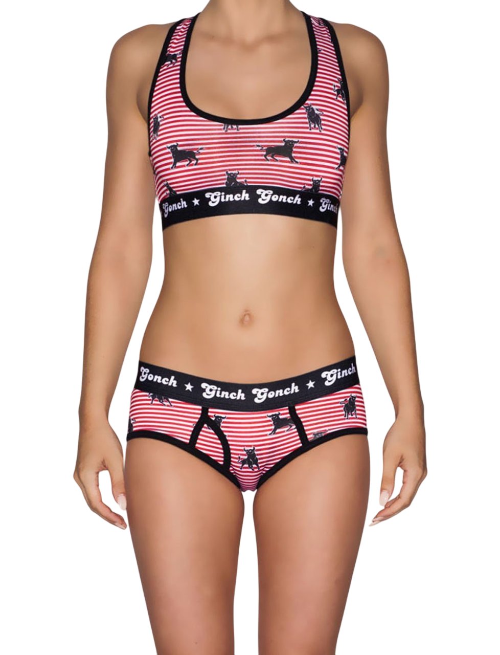 Ginch Gonch Wild Bulls Women's Boyfriend Briefs, red and white stripe with all-over bull print, 4-way stretch fabric, worn by a model with matching sports bra.