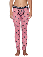 Ginch Gonch Wild Bulls Women's Leggings, red and white stripe with all-over bull print, 4-way stretch polyester fabric worn by a model from waist-down.