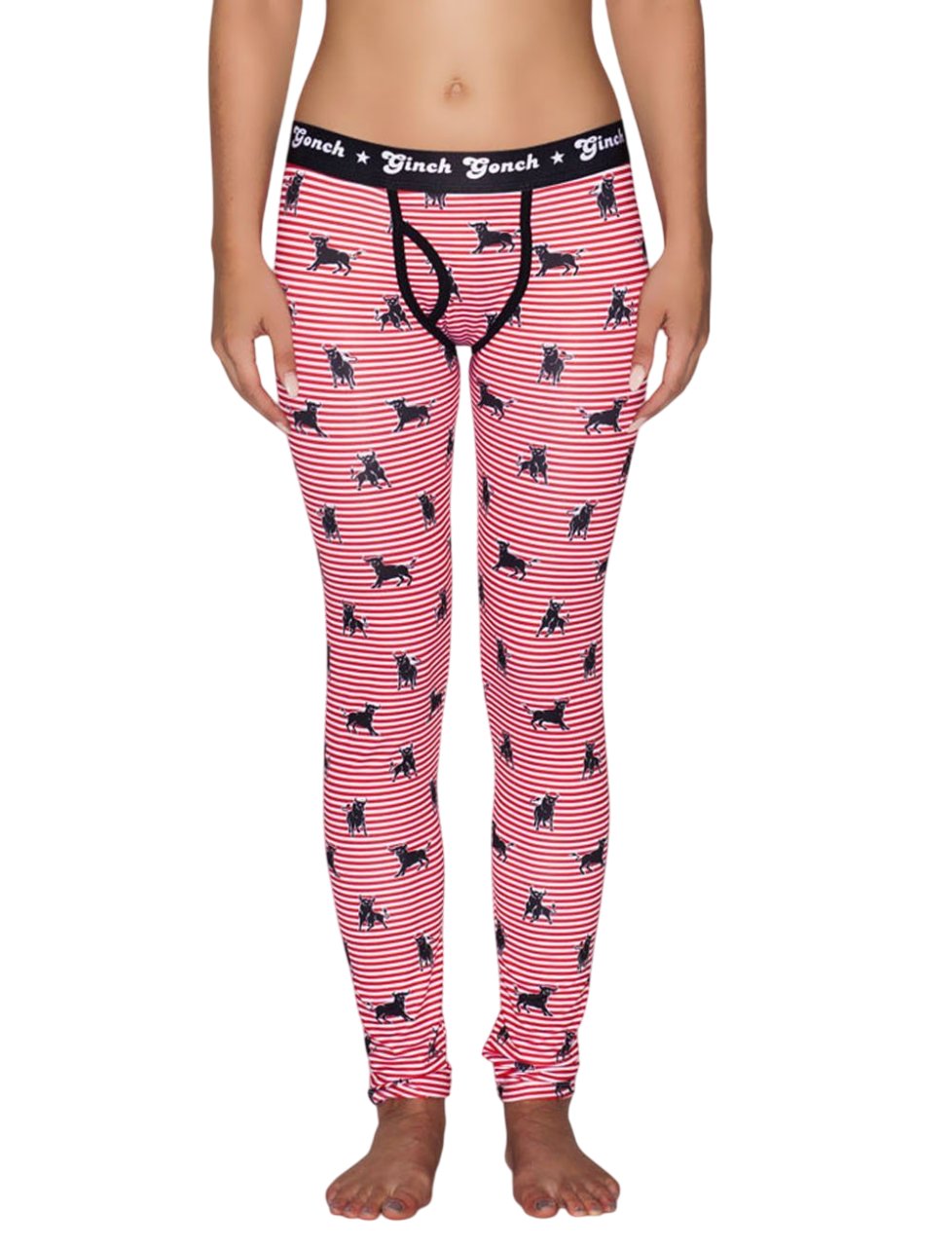 Ginch Gonch Wild Bulls Women's Leggings, red and white stripe with all-over bull print, 4-way stretch polyester fabric worn by a model from waist-down.