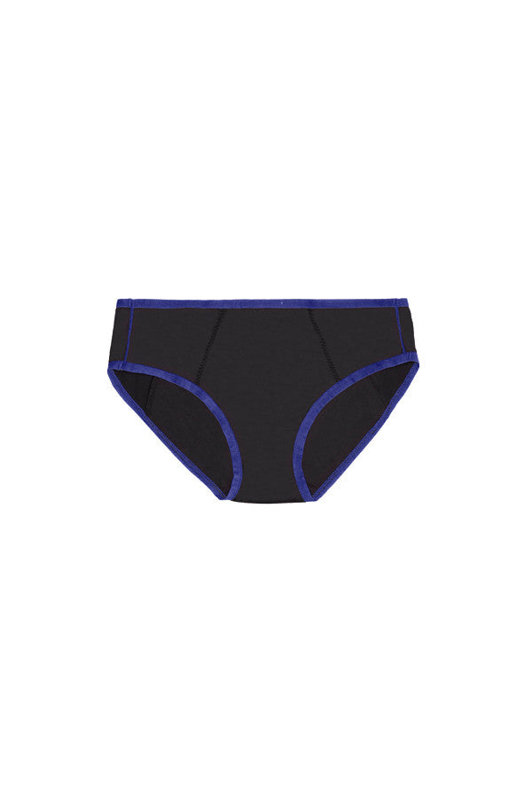 Dear Kate Hazel Hipster Full in Black with Blue Trim, flat lay front view on a white background.