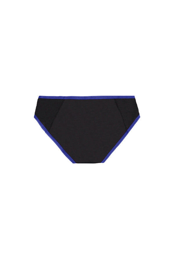 Dear Kate Hazel Hipster Full in Black with Blue Trim, flat lay back view on a white background.