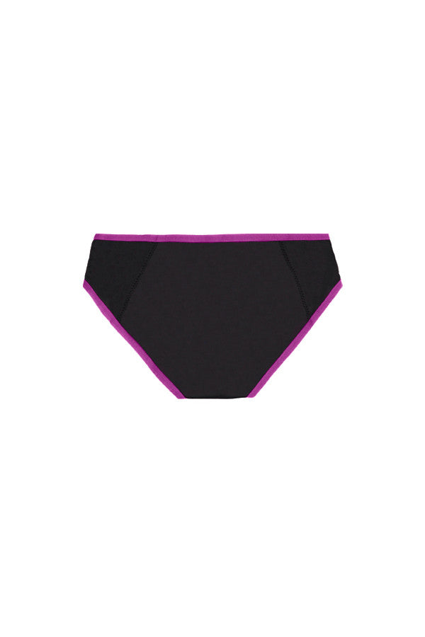 Dear Kate Hazel Hipster Full in Black with Fuschia Trim, flat lay back view on a white background.