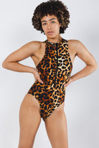 Shinesty The Hot Spots leopard zip-up one piece swimsuit – bold animal print novelty swimwear