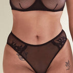 Amour d'Agnette Kim Rose Lace and Mesh Hipster Brief, back view on a white background.