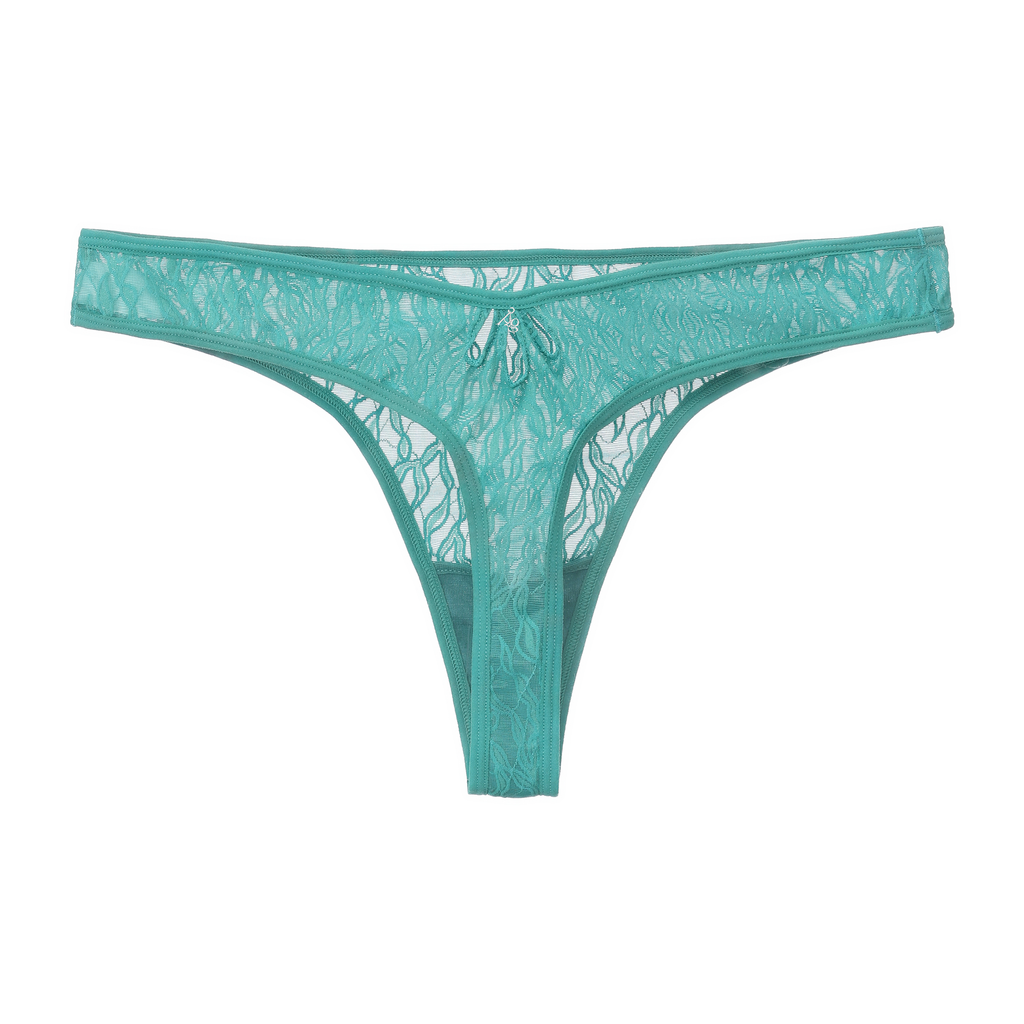 Amour d'Agnette Julie Everyday Lace Thong in Teal, back view on a white background.