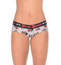 Ginch Gonch Pug Life Women's grey gogo briefs in adorable all-over pug print, 4-way stretch cotton low-rise bikini fit worn by a model.
