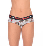 Ginch Gonch Pug Life Women's grey gogo briefs in adorable all-over pug print, 4-way stretch cotton low-rise bikini fit worn by a model.