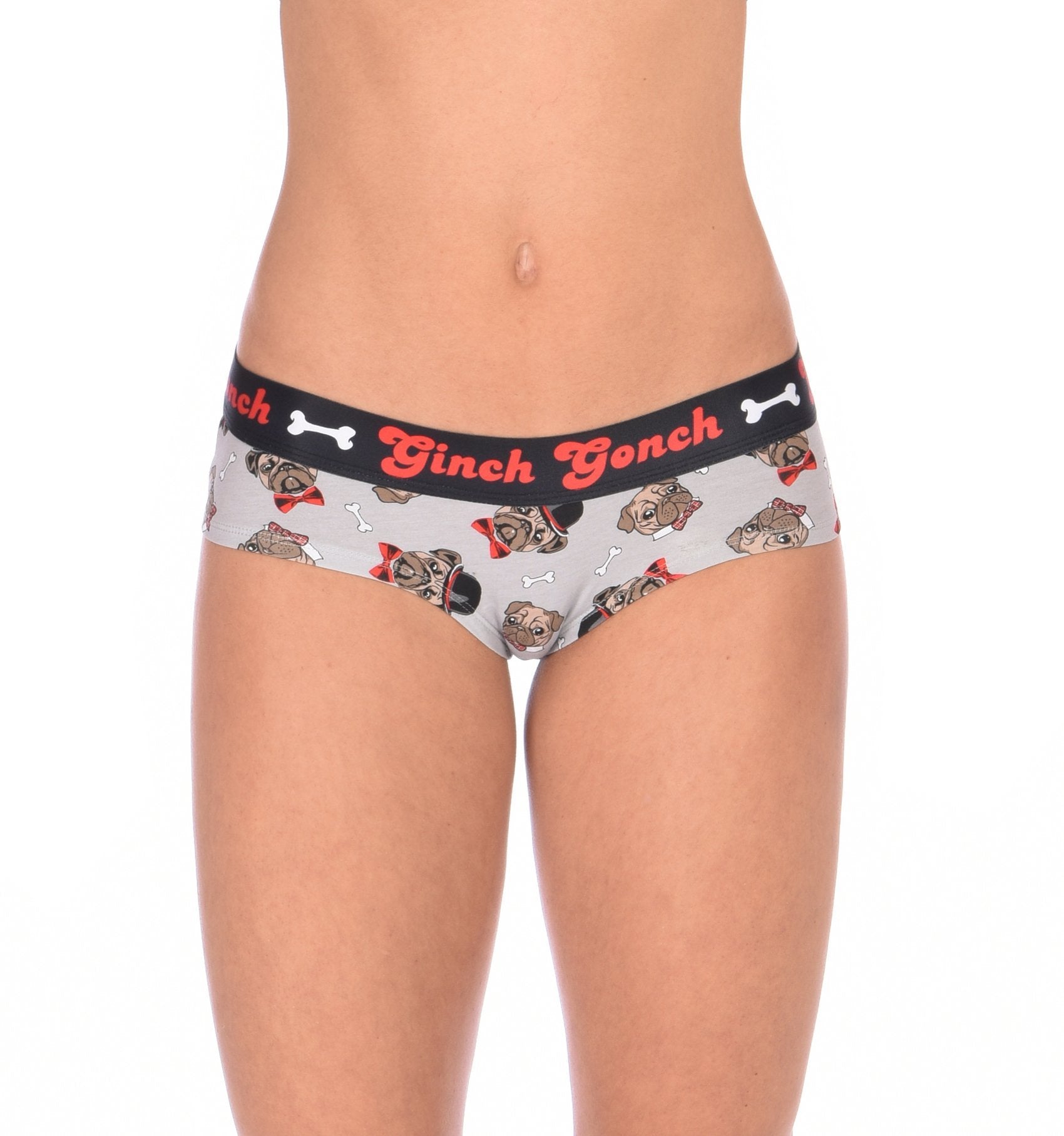 Ginch Gonch Pug Life Women's grey gogo briefs in adorable all-over pug print, 4-way stretch cotton low-rise bikini fit worn by a model.