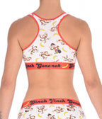 Rear view of a model wearing a Ginch Gonch Gone Bananas racerback sports bra showing racerback design and monkey print stretch cotton.