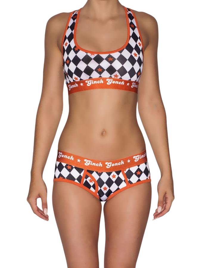 Ginch Gonch Backstage Pass Women's boyfriend briefs in edgy diamond argyle print, 4-way stretch cotton full coverage, worn by model