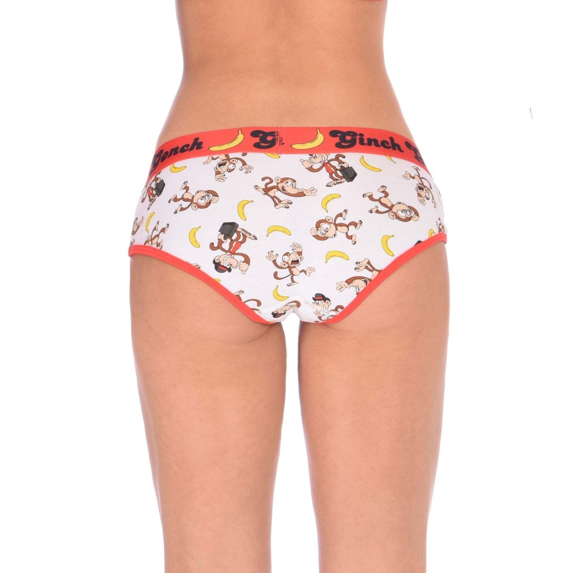 Looking at the back of a model wearing  a  Ginch Gonch Gone Bananas boyfriend briefs showing full seat coverage and monkey print stretch cotton.