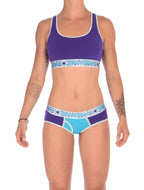 Seen from behind, rear view of Ginch Gonch Purple Haze boyfriend briefs showing full seat coverage and color block stretch cotton