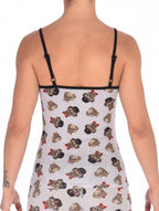 Rear view of a model wearing Ginch Gonch Pug Life cami showing adjustable straps and pug print cotton fabric.