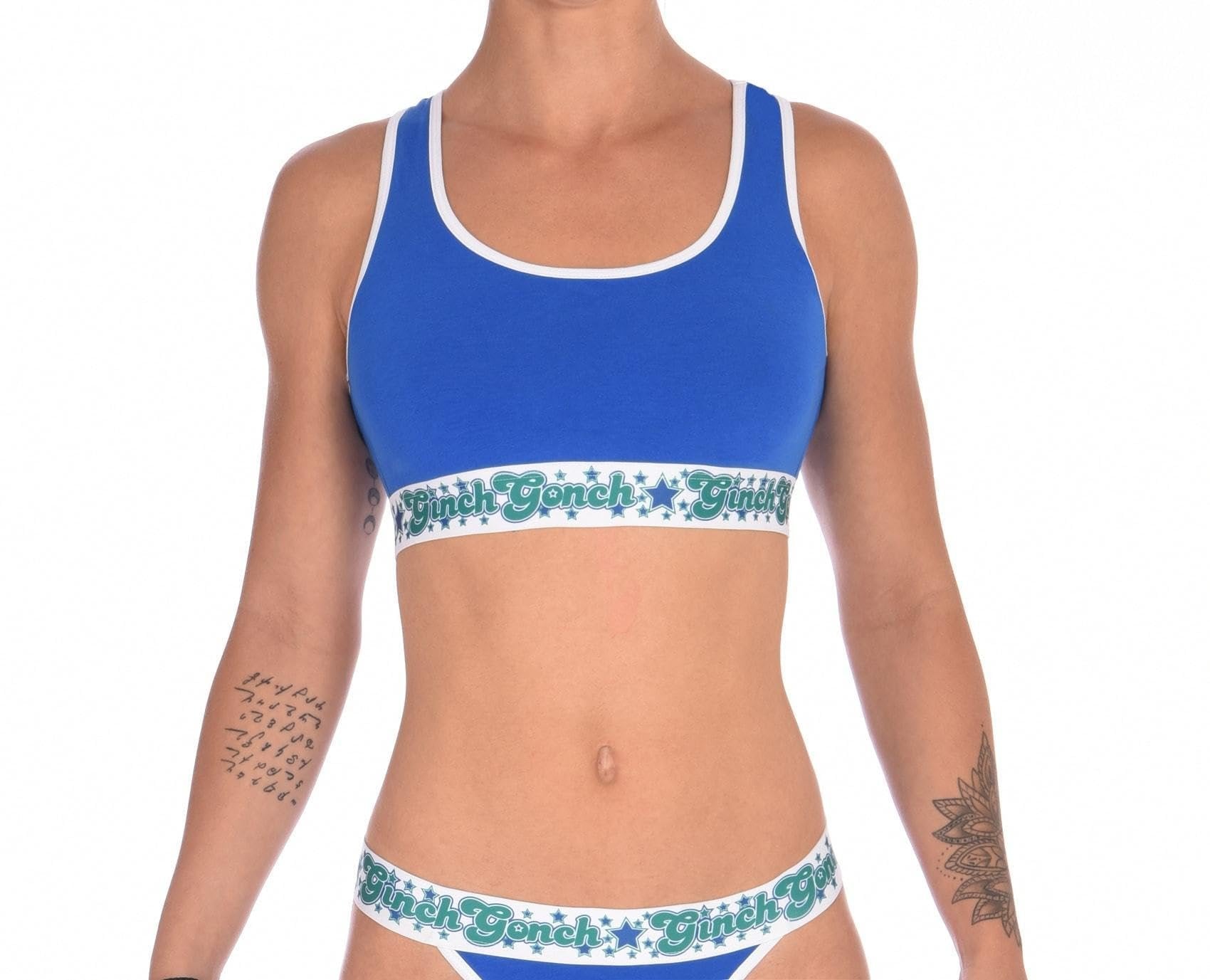 Ginch Gonch Blue Lagoon Women's sports bra in vibrant royal blue 4-way stretch cotton, racerback bralette, worn by model

