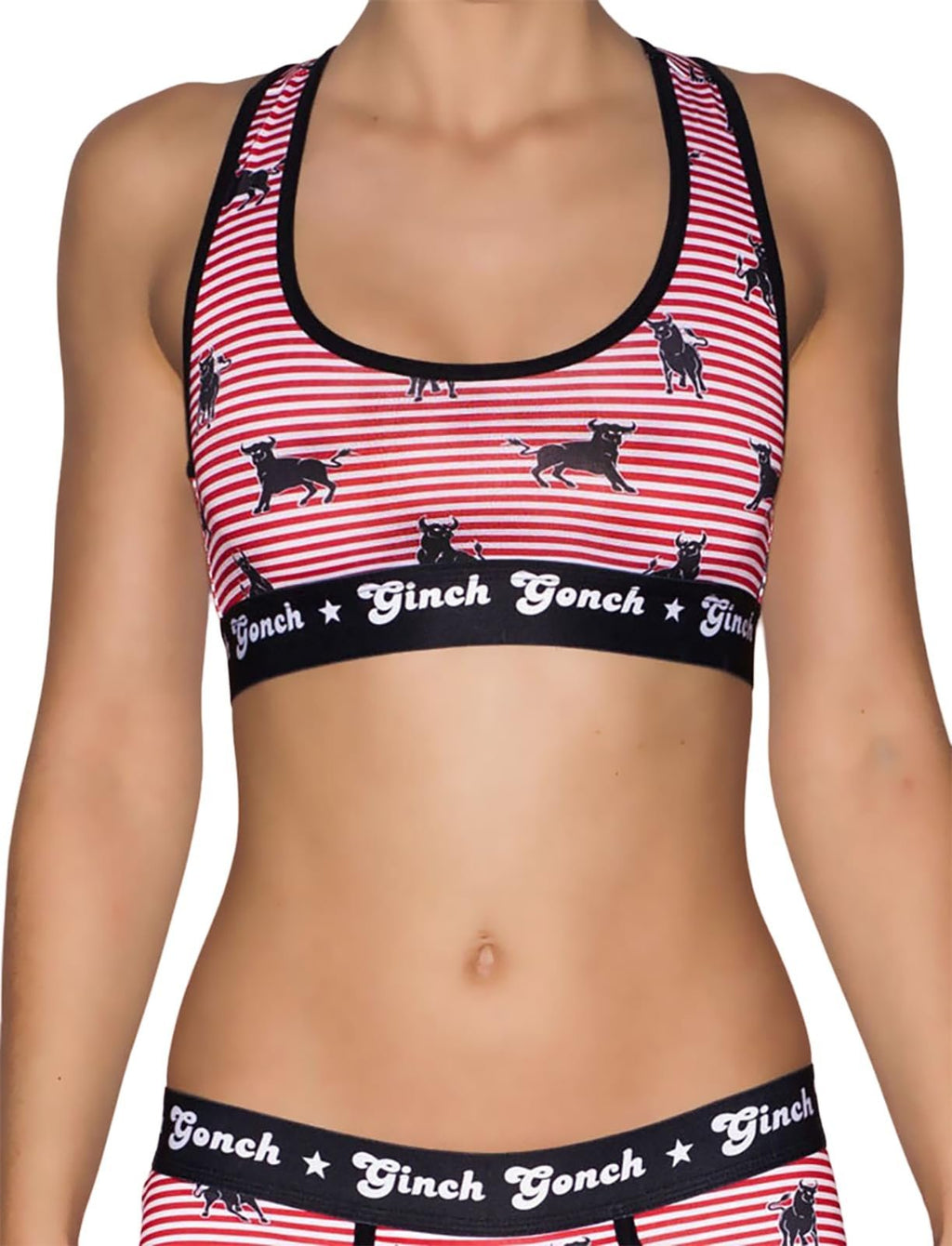 Ginch Gonch Wild Bulls Women's sports bra in bold bull graphic print, 4-way stretch cotton racerback bralette, worn by model