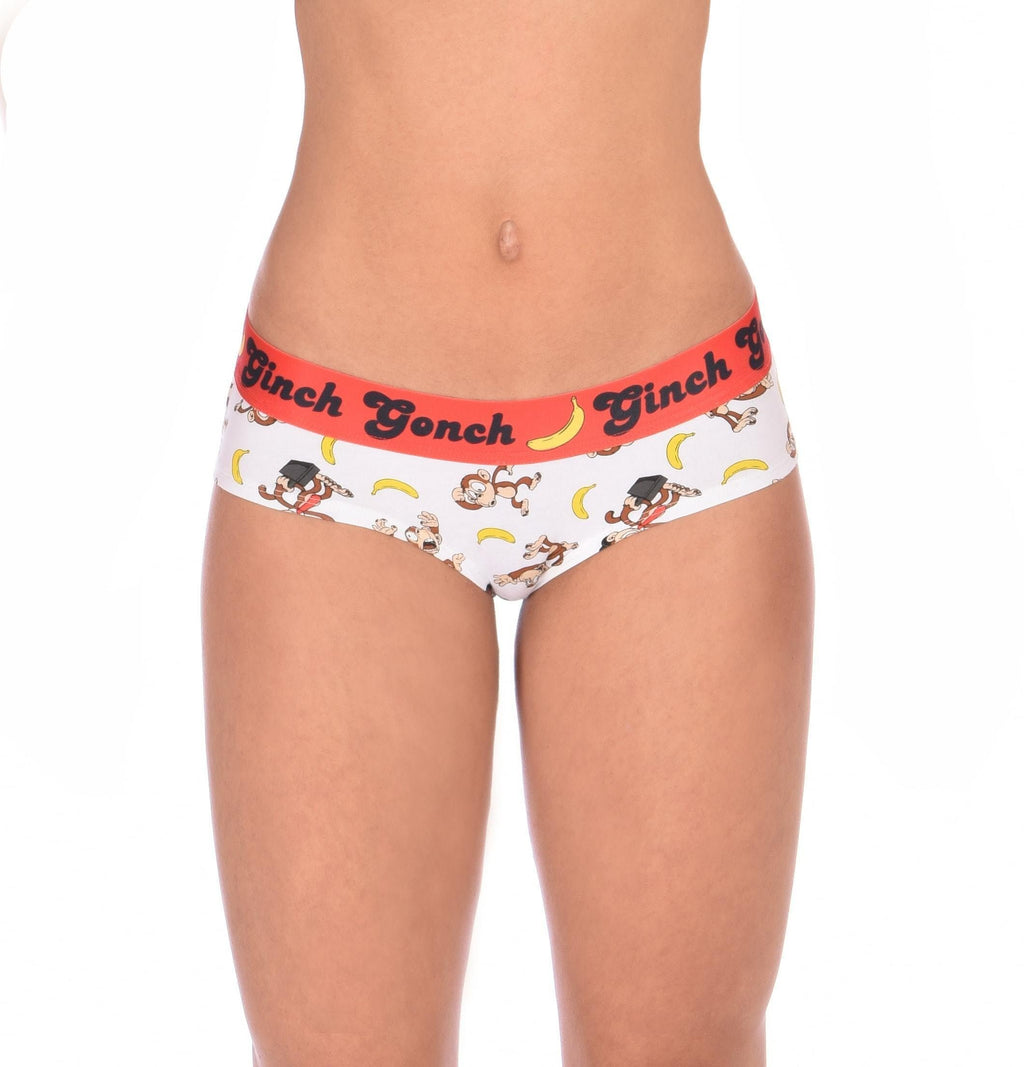Front view of a model wearing of Ginch Gonch Gone Bananas gogo briefs showing anti-muffin waistband and monkey print stretch cotton.
