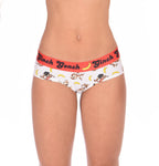 Front view of a model wearing of Ginch Gonch Gone Bananas gogo briefs showing anti-muffin waistband and monkey print stretch cotton.