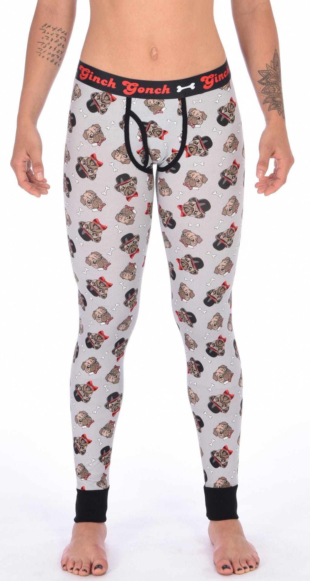 Ginch Gonch Pug Life Women's  grey leggings in adorable all-over pug print, 4-way stretch cotton with anti-muffin waistband worn by a model.