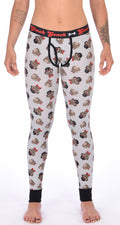 Ginch Gonch Pug Life Women's  grey leggings in adorable all-over pug print, 4-way stretch cotton with anti-muffin waistband worn by a model.