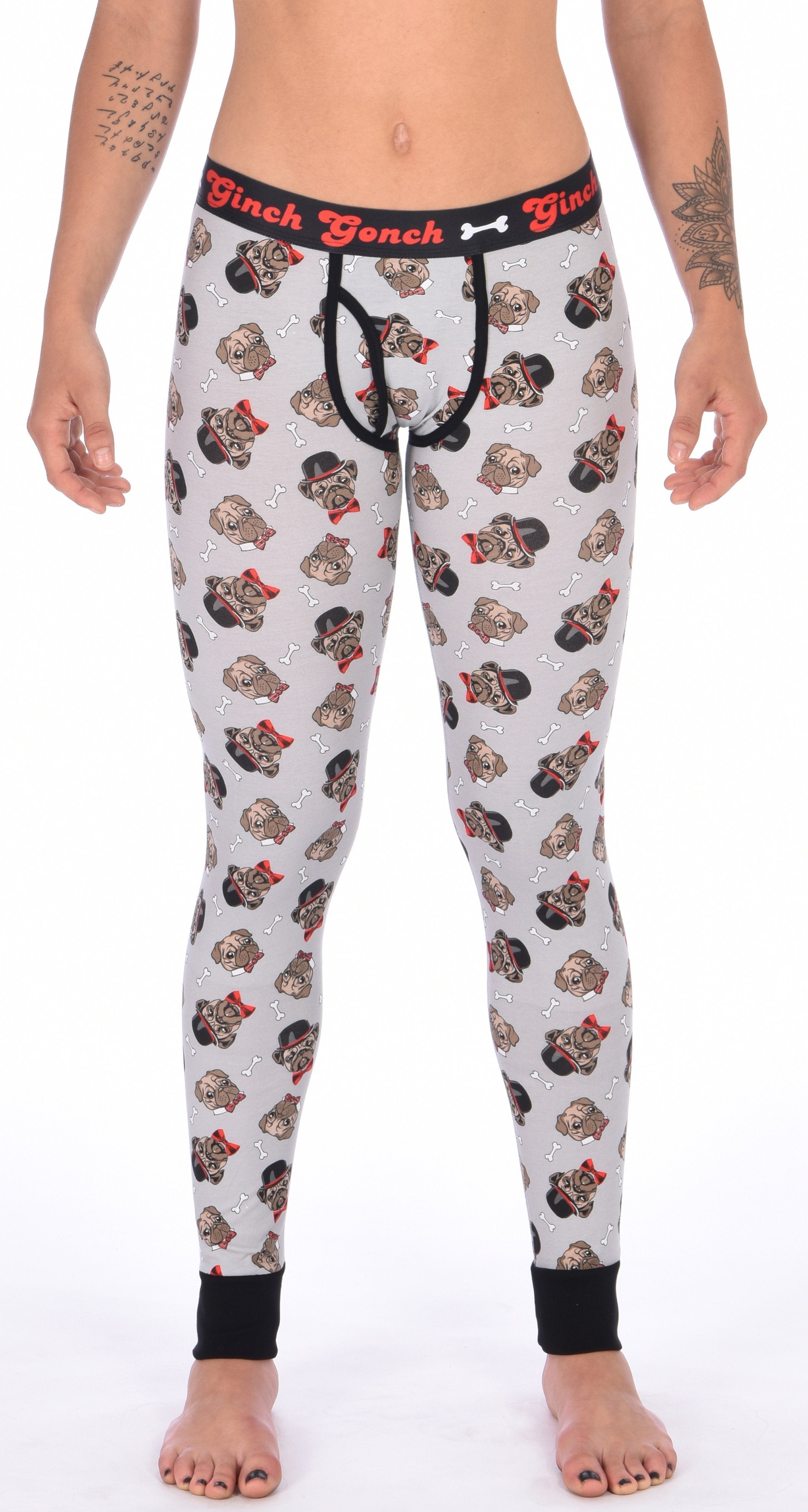 Ginch Gonch Pug Life Women's  grey leggings in adorable all-over pug print, 4-way stretch cotton with anti-muffin waistband worn by a model.