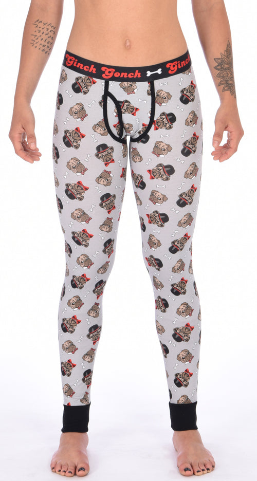 Ginch Gonch Pug Life Women's  grey leggings in adorable all-over pug print, 4-way stretch cotton with anti-muffin waistband worn by a model.
