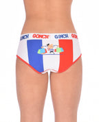 Rear view of Ginch Gonch I Love Paris multicolor boyfriend briefs showing full seat coverage and Paris print stretch cotton being worn by a model.
