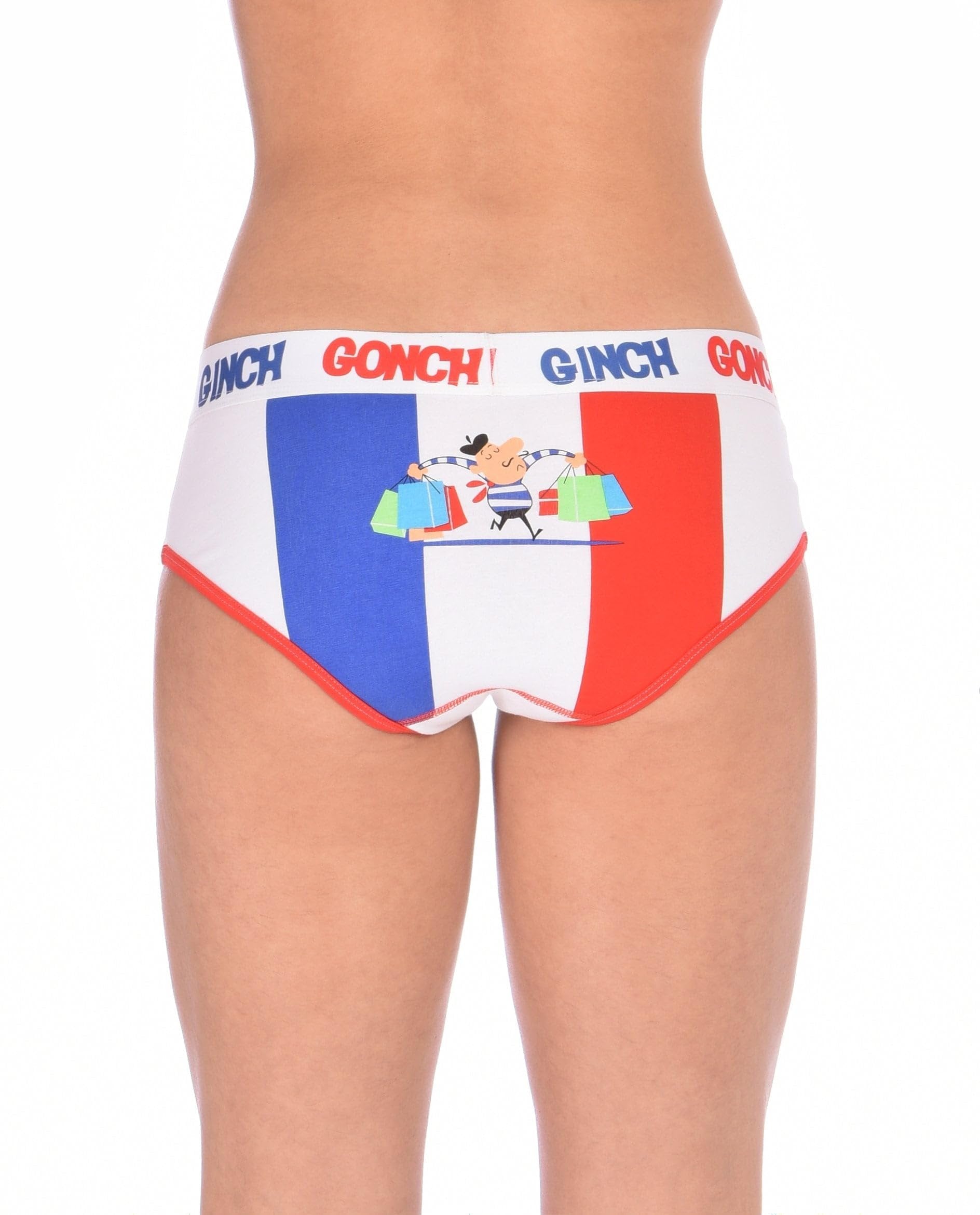 Rear view of Ginch Gonch I Love Paris multicolor boyfriend briefs showing full seat coverage and Paris print stretch cotton being worn by a model.