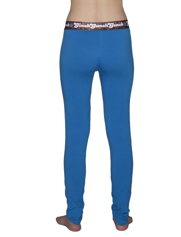 From the back of a model wearing Ginch Gonch Blue Coconuts leggings showing full-length electric blue stretch cotton and anti-muffin waistband

