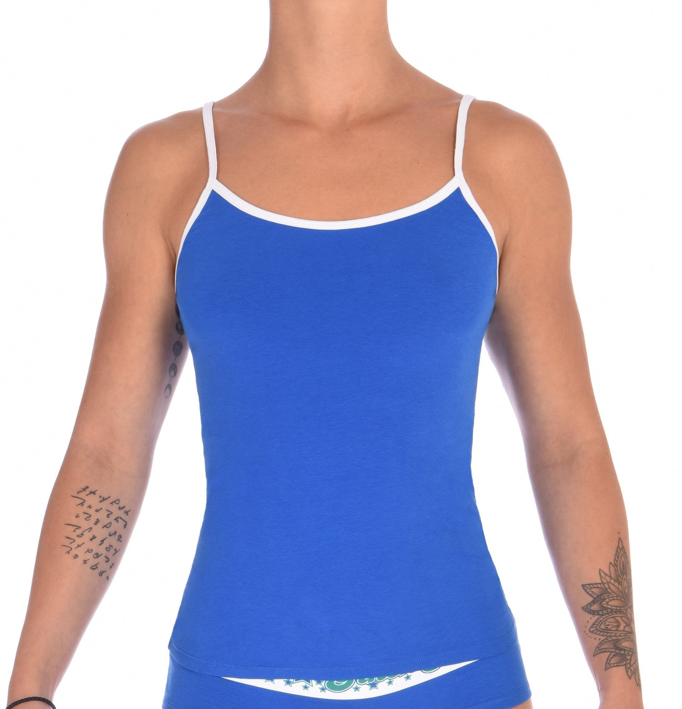 Ginch Gonch Blue Lagoon Women's camisole in vibrant royal blue 4-way stretch cotton, adjustable straps, no-itch waistband, worn by model
