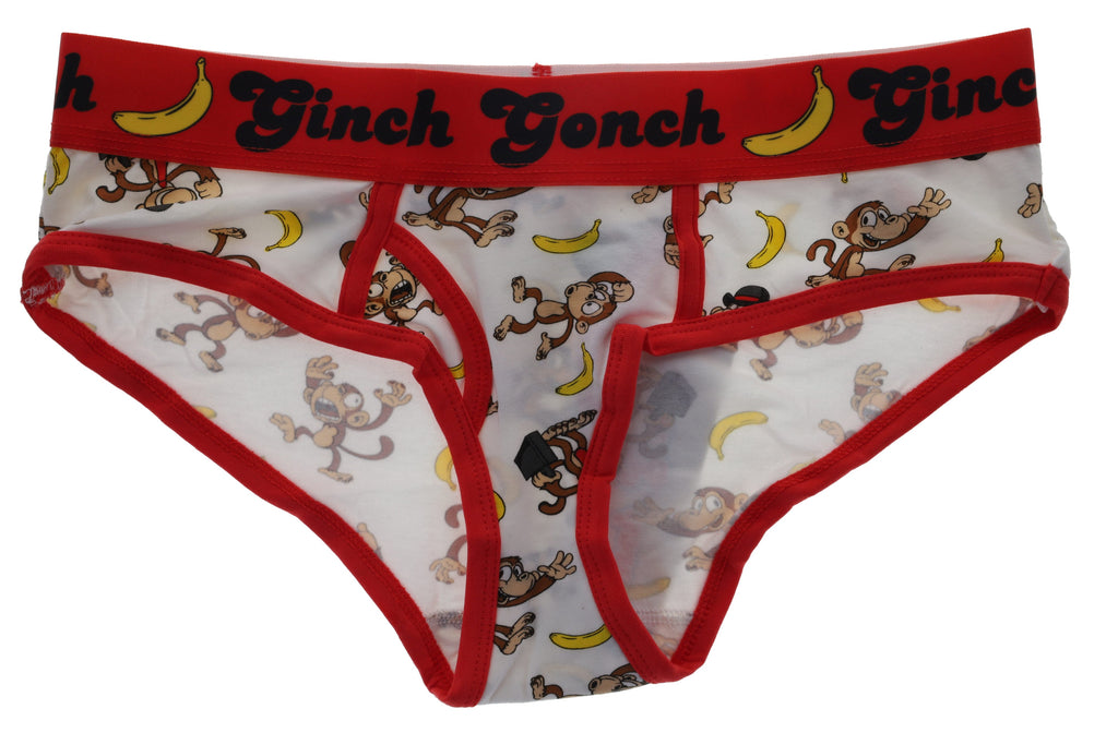 Ginch Gonch Gone Bananas Women's boyfriend briefs in playful monkey print, 4-way stretch cotton full coverage cut flat lay view.