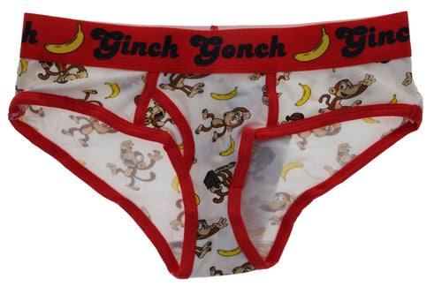 Ginch Gonch Gone Bananas Women's boyfriend briefs in playful monkey print, 4-way stretch cotton full coverage cut flat lay view.