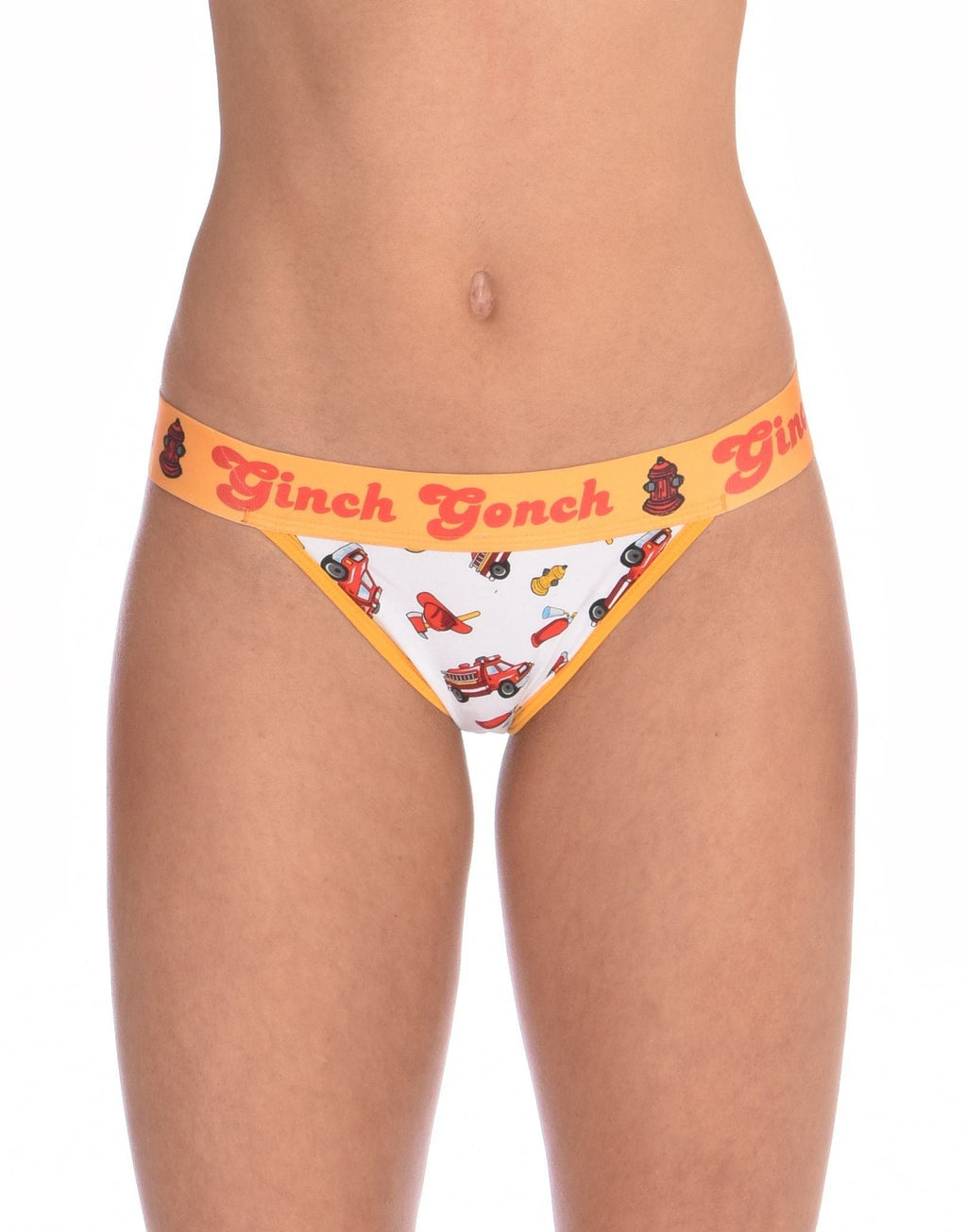 Ginch Gonch GG Fire Fighters Women's thong in bold firefighter print, soft 4-way stretch cotton, anti-muffin waistband worn by a model.