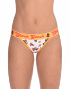 Ginch Gonch GG Fire Fighters Women's thong in bold firefighter print, soft 4-way stretch cotton, anti-muffin waistband worn by a model.