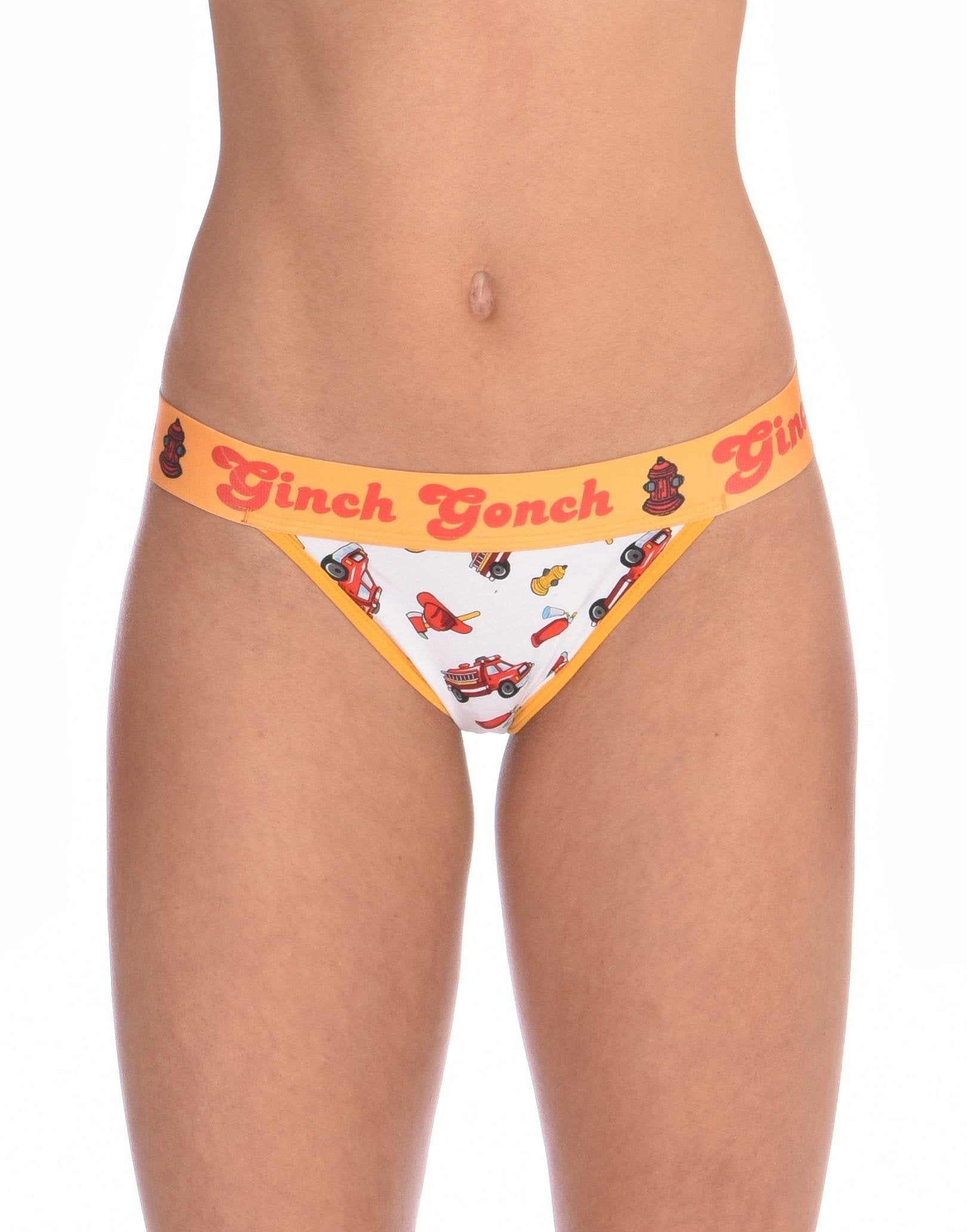 Ginch Gonch GG Fire Fighters Women's thong in bold firefighter print, soft 4-way stretch cotton, anti-muffin waistband worn by a model.