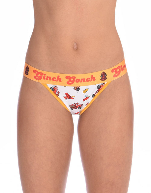 Ginch Gonch GG Fire Fighters Women's thong in bold firefighter print, soft 4-way stretch cotton, anti-muffin waistband worn by a model.
