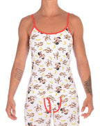 Front view of a model wearing of Ginch Gonch Gone Bananas cami showing adjustable straps and monkey print cotton fabric.