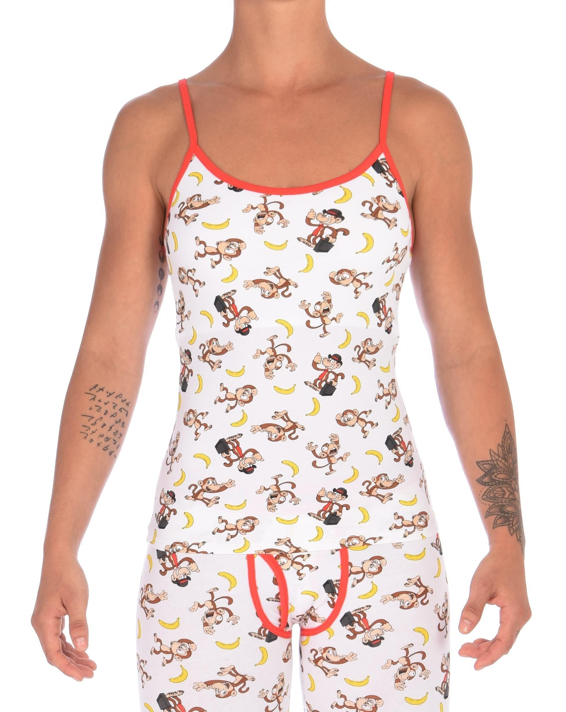 Front view of a model wearing of Ginch Gonch Gone Bananas cami showing adjustable straps and monkey print cotton fabric.