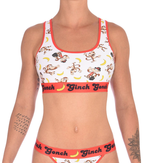 Ginch Gonch Gone Bananas Women's reacerback sports bra in playful monkey and banana print, 4-way stretch cotton racerback worn by a model.