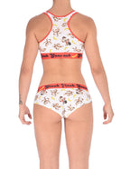 Viewed from behind, rear view of Ginch Gonch Gone Bananas gogo briefs showing anti-muffin waistband and monkey print stretch cotton with matching sports bra.