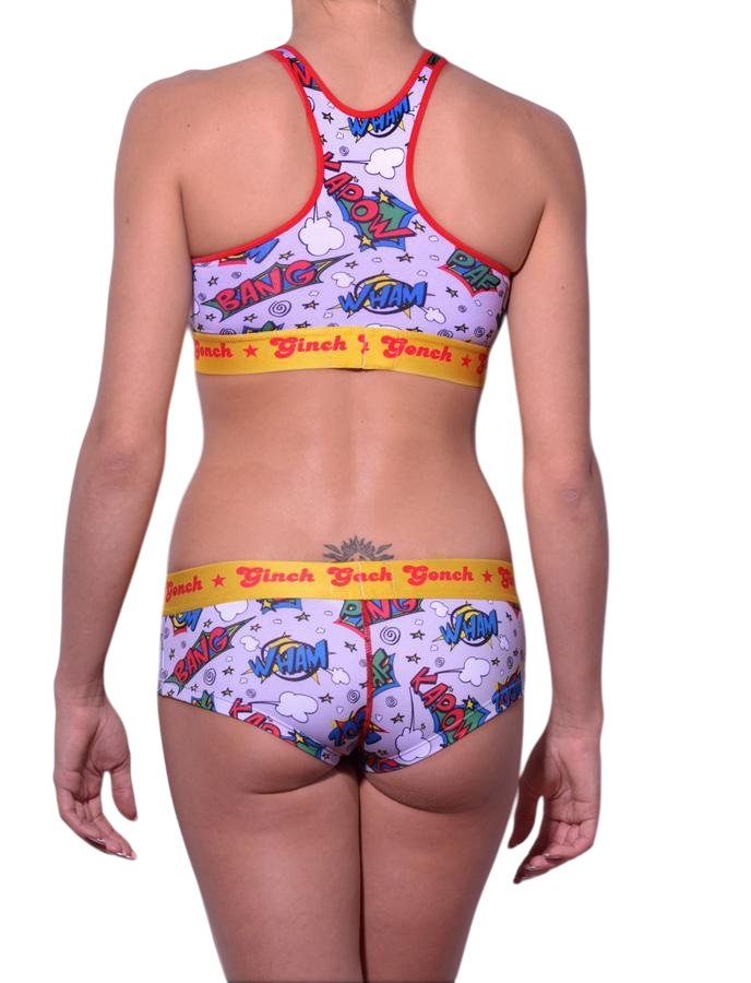 Rear view of rear view of Ginch Gonch Under-Man gogo briefs showing anti-muffin waistband and superhero print stretch cotton