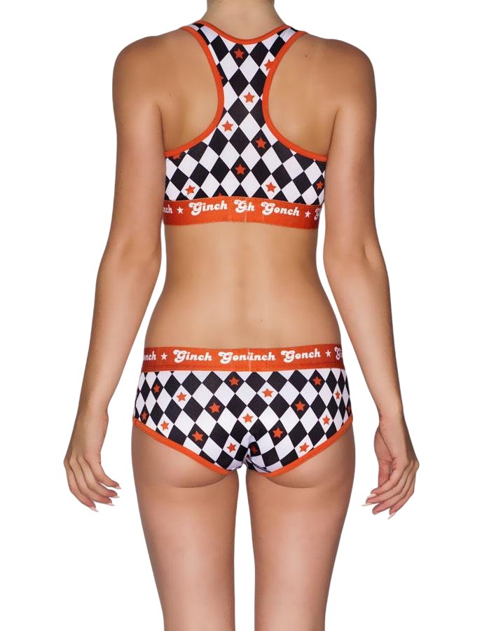 Rear view of rear view of Ginch Gonch Backstage Pass boyfriend briefs showing full coverage and diamond print stretch cotton