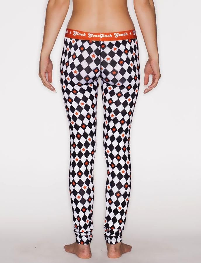 Rear view of rear view of Ginch Gonch Backstage Pass leggings showing full-length diamond print stretch cotton