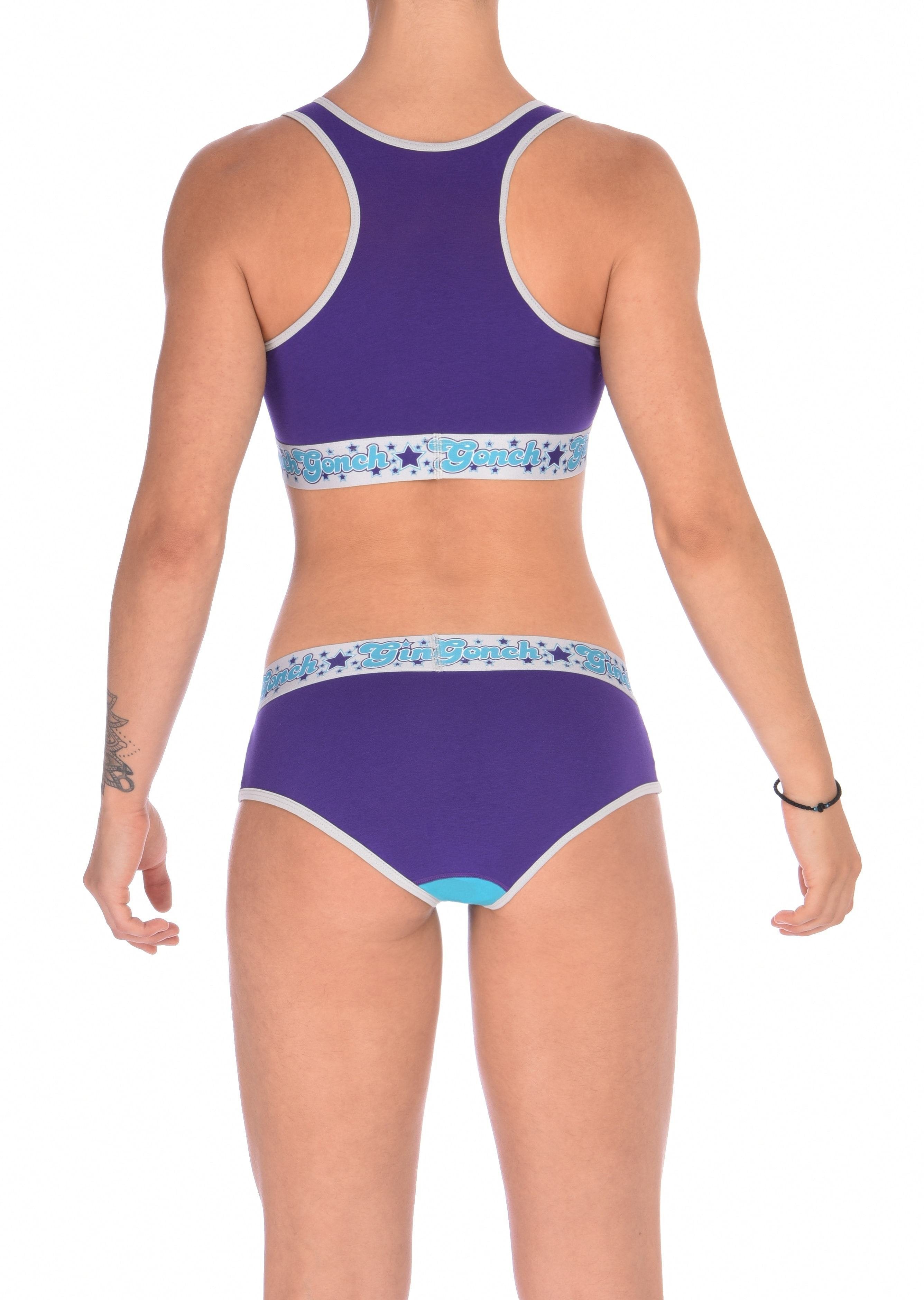 From the back, rear view of Ginch Gonch Purple Haze boyfriend briefs showing full seat coverage and color block stretch cotton