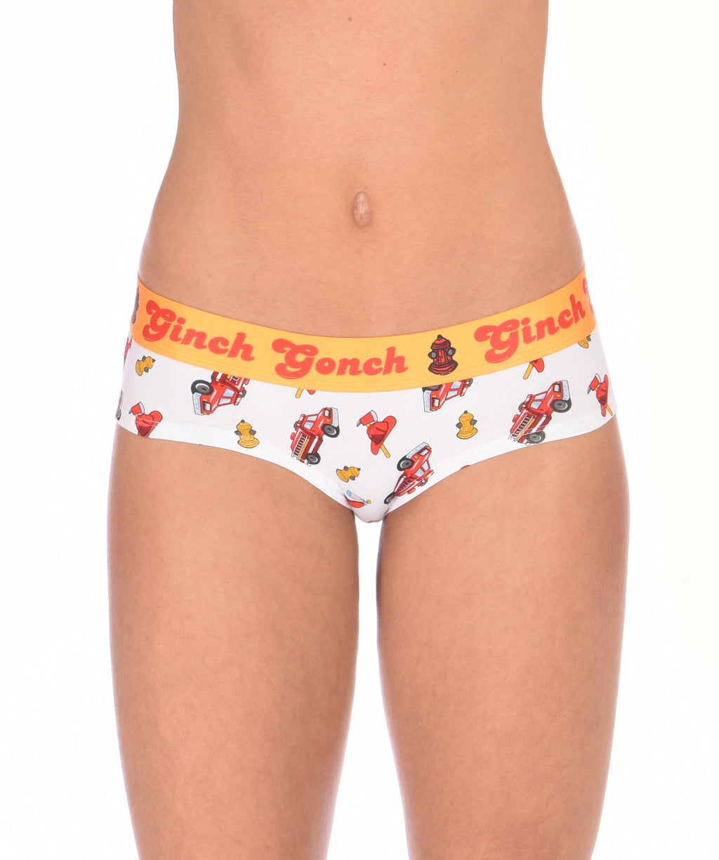Ginch Gonch GG Fire Fighters Women's gogo briefs in bold firefighter print, 4-way stretch cotton low-rise bikini cut worn by a model.