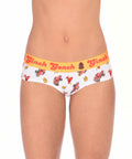 Ginch Gonch GG Fire Fighters Women's gogo briefs in bold firefighter print, 4-way stretch cotton low-rise bikini cut worn by a model.