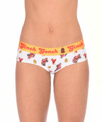 Ginch Gonch GG Fire Fighters Women's gogo briefs in bold firefighter print, 4-way stretch cotton low-rise bikini cut worn by a model.