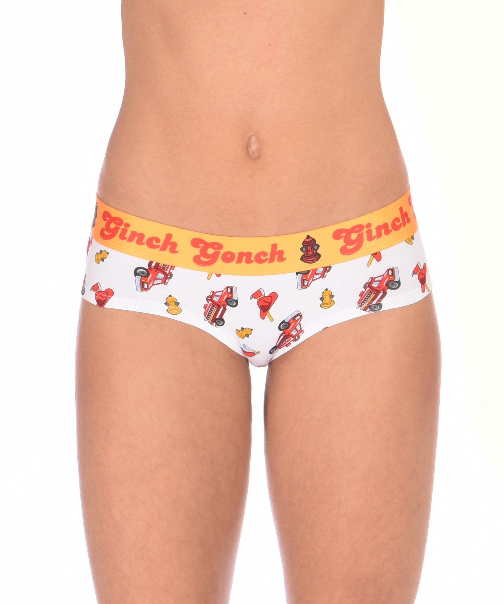 Ginch Gonch GG Fire Fighters Women's gogo briefs in bold firefighter print, 4-way stretch cotton low-rise bikini cut worn by a model.